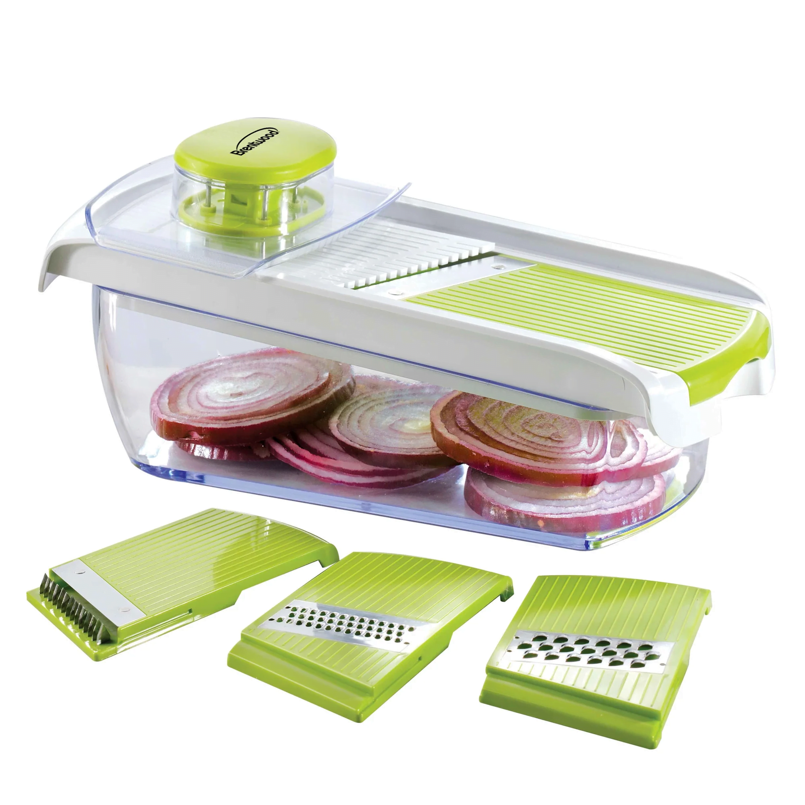 Brentwood KA-504OG Mandolin Slicer With 5-cup Storage Container And 4 Interchangeable Stainless Steel Blades, Green