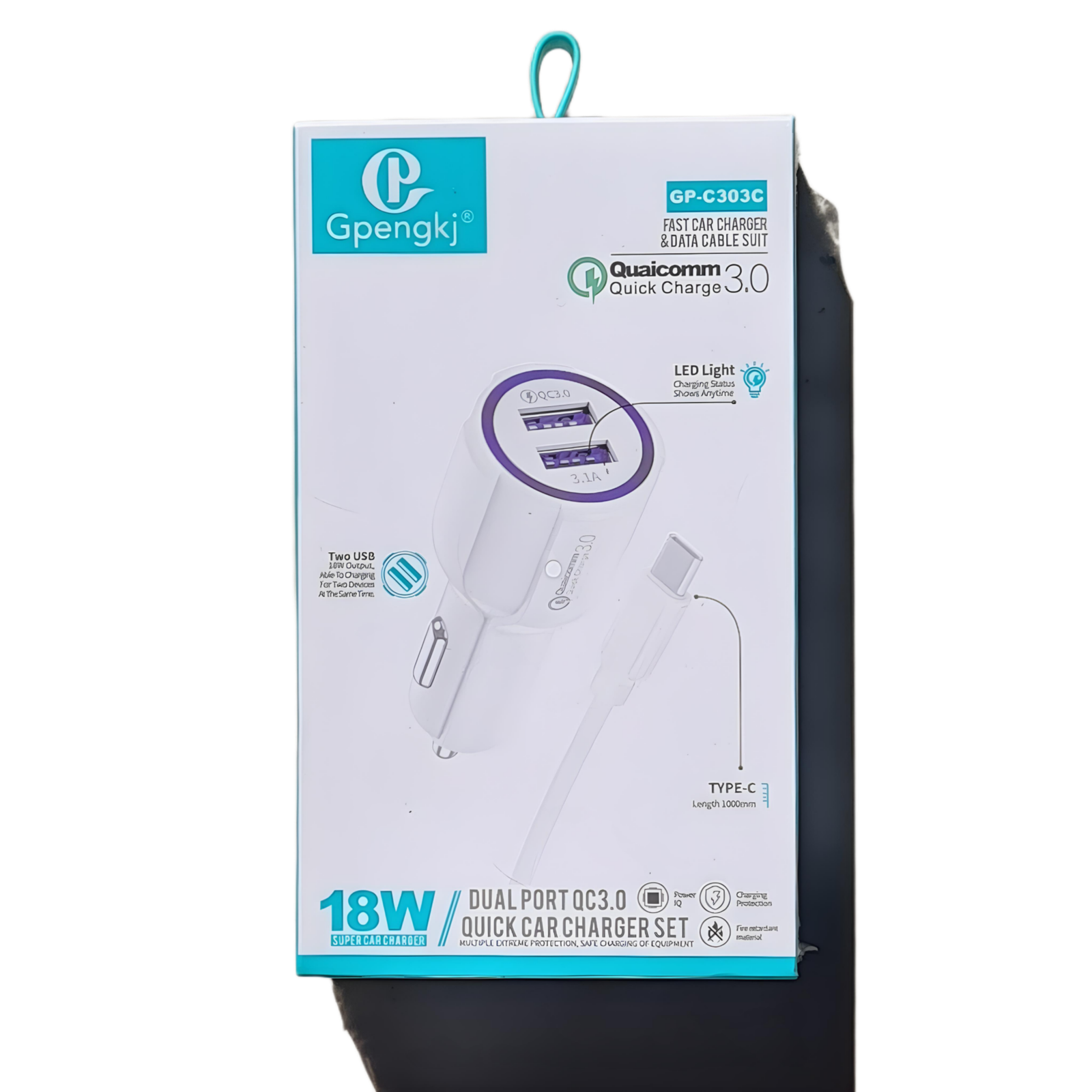 Gpengkj Type C Dual Port QC3.0 Quick Car Charger Set, GP-C303C
